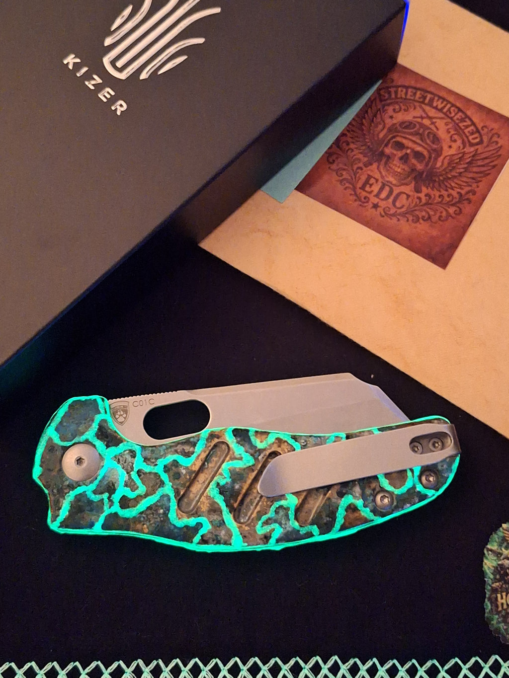 Hound_Designs ☣️ Atomic Glow Shipwreck ☣️ Kizer Sheepdog Brass Button Lock