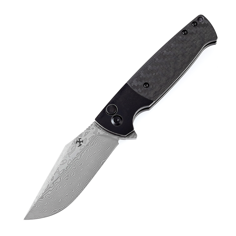 Shikari SBL Button Lock K2027D1 Damascus Blade Black Stonewashed Titanium +Twill Carbon Fiber Handle with Morgan Koens Design