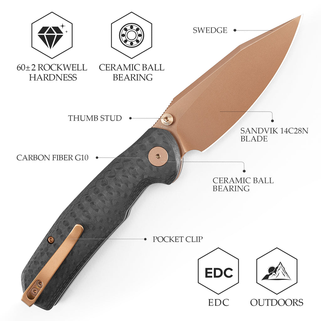 TRIVISA
Hornet Pro-CG Button Liner Lock EDC Folding Pocket Knife, 3.34" 14C28N Steel Blade, Carbon Fiber G10 Handle