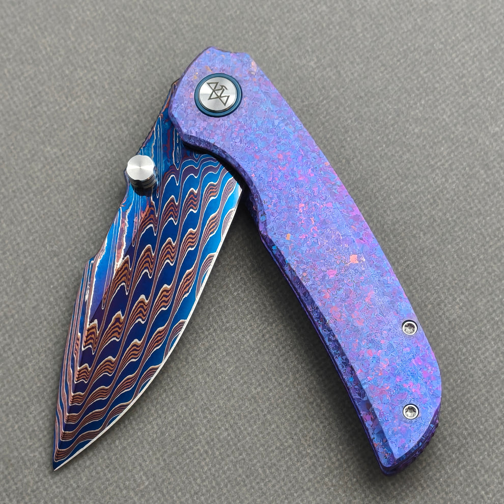 VORIXN "Rimeforge" (3.8" Damascus Blade) Crystallized Titanium Handle Flipper & Thumb Stud Folding Knife - KB125