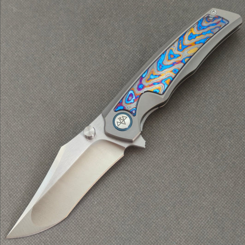 Vorixn "Abyssal" Flipper & Thumb Stud Knife Titanium & Hand-flamed Zirconium Handle (3.7" 10Cr15CoMoV Blade) KB030