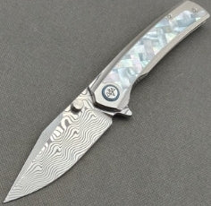 VORIXN "Ocean Mirage" Flipper & Thumb Stud Knife White Mother-of-pearl Inlaid Titanium Handle (3.8" Damascus Blade) KB084