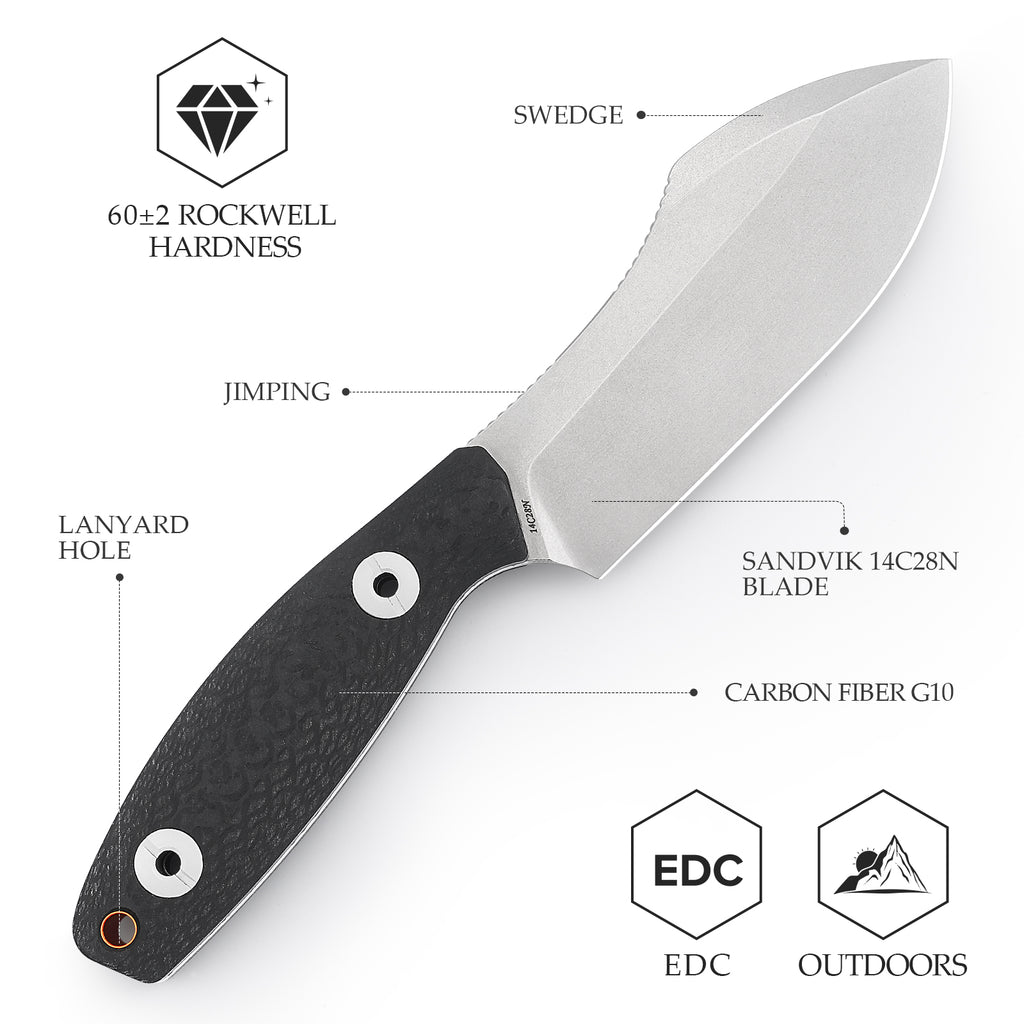 TRIVISA
Pumpkin-CG Full-tang Straight Fixed Blade Knife, 3.9‘’ 14C28N Steel Stonewash Blade, Carbon Fiber G10 Handle