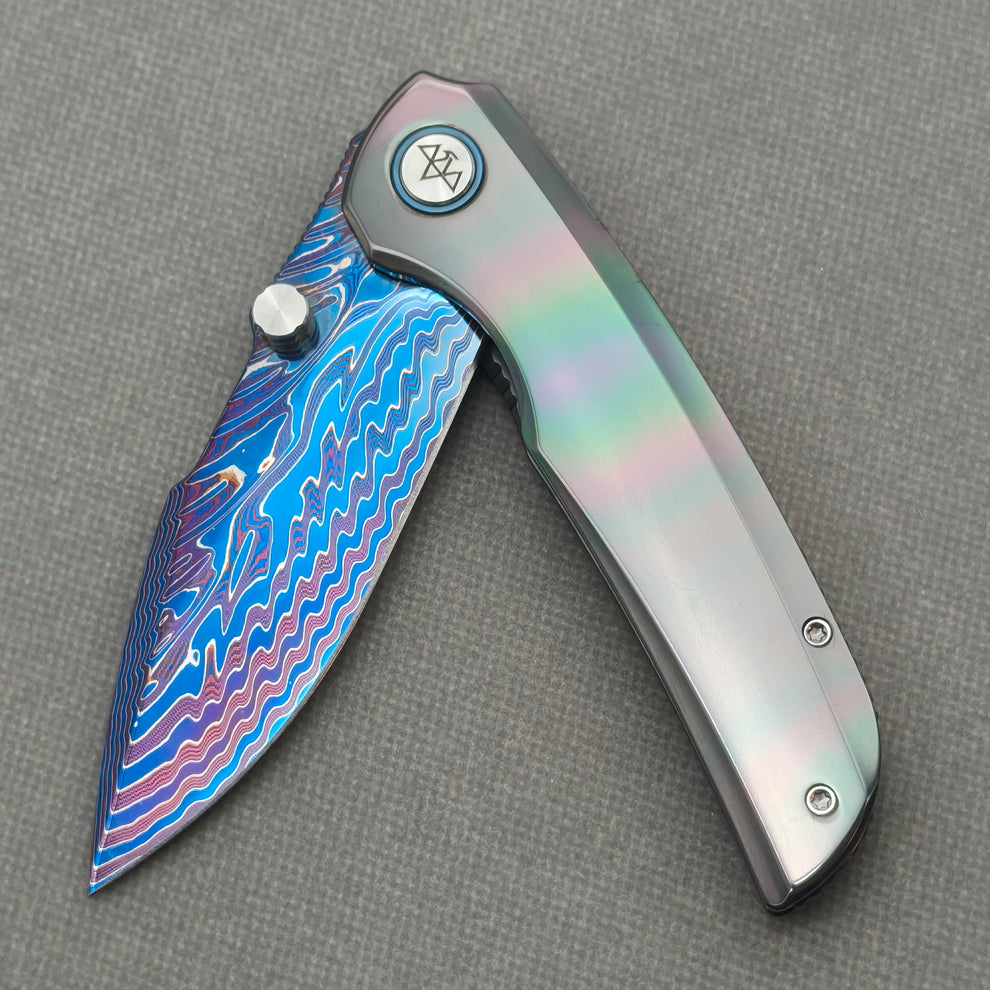 VORIXN "Spectra" (3.7" Damascus Blade) Zirconium Handle Flipper & Thumb Stud Folding Knife - KB127