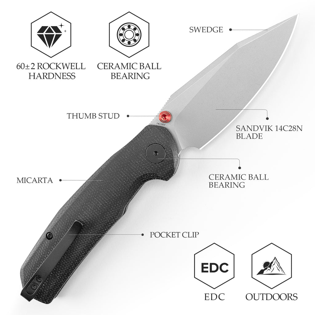 TRIVISA
Hornet Pro-BM Button Liner Lock EDC Folding Pocket Knife, 3.34" 14C28N Steel Blade, Micarta Handle
