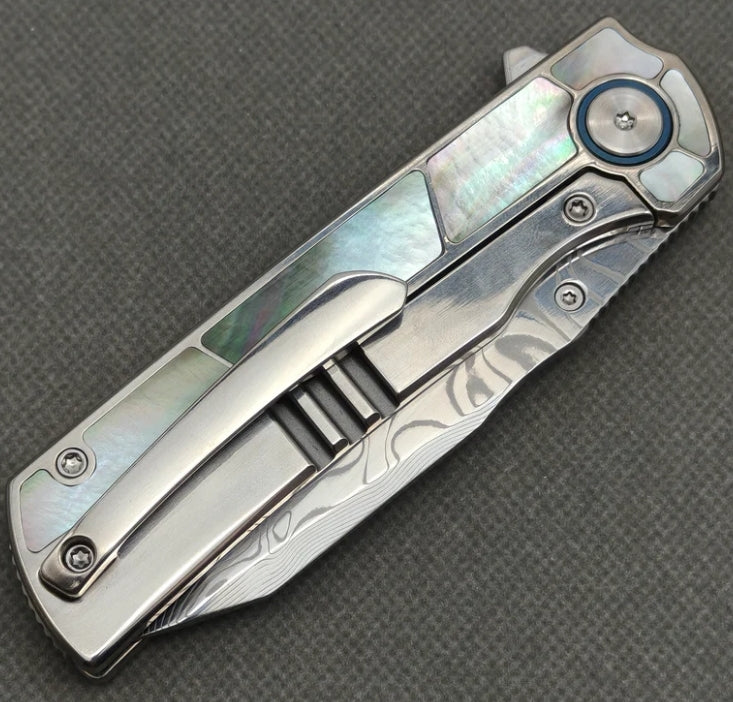 VORIXN "Ocean Mirage" Flipper & Thumb Stud Knife Black Mother-of-pearl Inlaid Titanium Handle (3.4" Damascus Blade) KB059