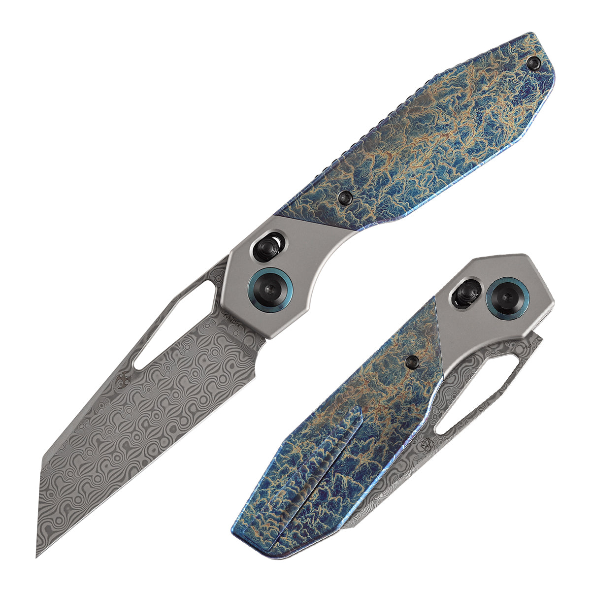 Kansept QTRO | Crossbar Lock | Stonewashed Titanium & Lightning Strike Finish Ti Inlay | 3.59" Damascus Blade | Luft Concepts Designed |K1118VA2
