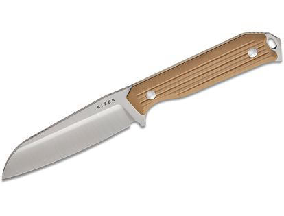 Kizer Cutlery Azo Begleiter Fixed Blade Knife 3.75" AEB-L Satin Sheepsfoot Blade, Tan G10 Handles, Kydex Sheath - 1045MS2
