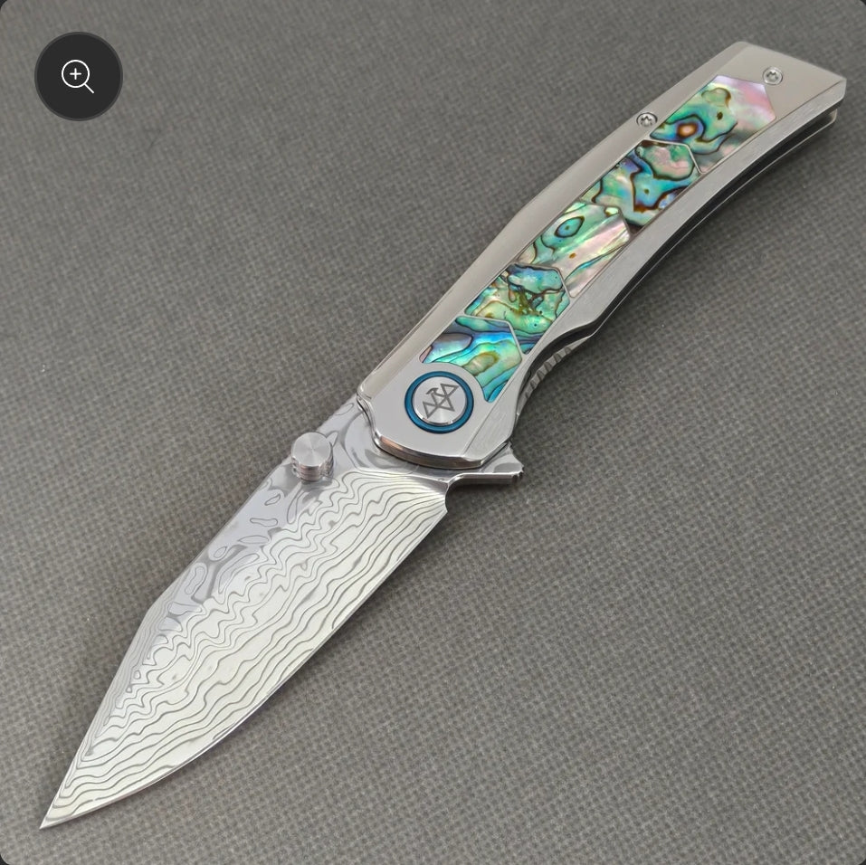 VORIXN "Ocean Mirage" Flipper & Thumb Stud Knife Deep-sea Abalone Shell Inlay Titanium Handle (3.7" Damascus Blade) KB108