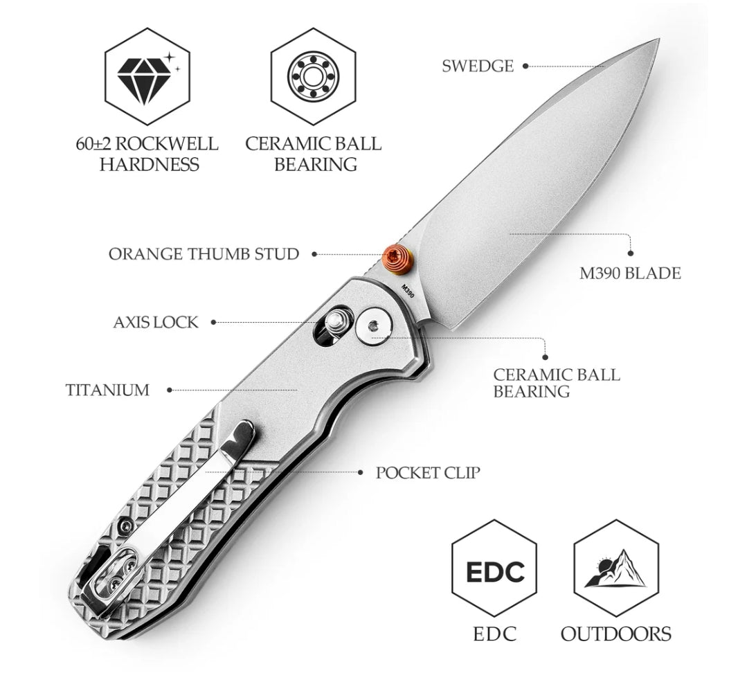 Dragonfly-O Axis Lock EDC Folding Pocket Knife, 2.99'' M390 Steel Blade, Titanium Handle