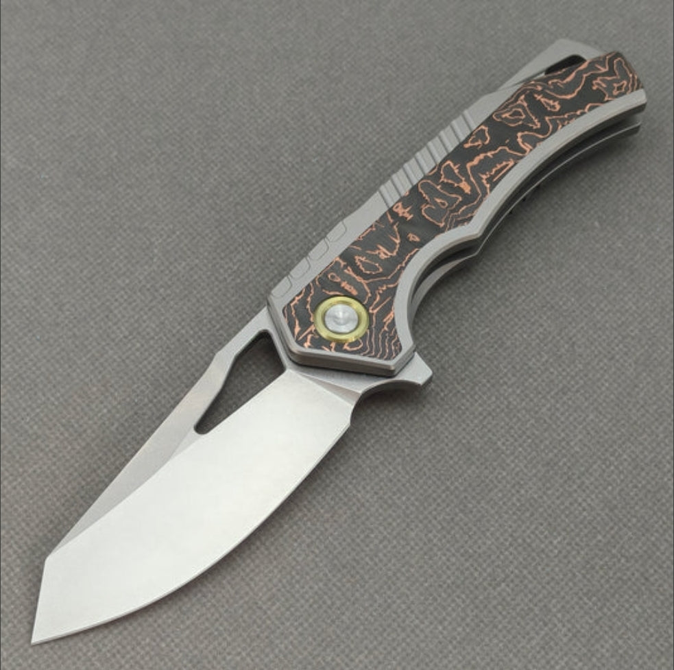 Vorixn David Chen Design Flipper & Thumb Hole Knife Titanium Copper Foil Carbon Fiber Handle (3.5" M390 Blade) KB080