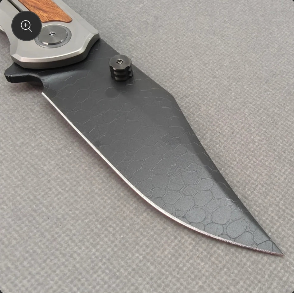 Vorixn "Ironwood Crest" Flipper & Thumb Stud Knife Titanium & Ironwood Handle (3.9" Damascus Blade) KB075