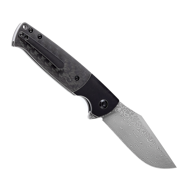 Shikari SBL Button Lock K2027D1 Damascus Blade Black Stonewashed Titanium +Twill Carbon Fiber Handle with Morgan Koens Design