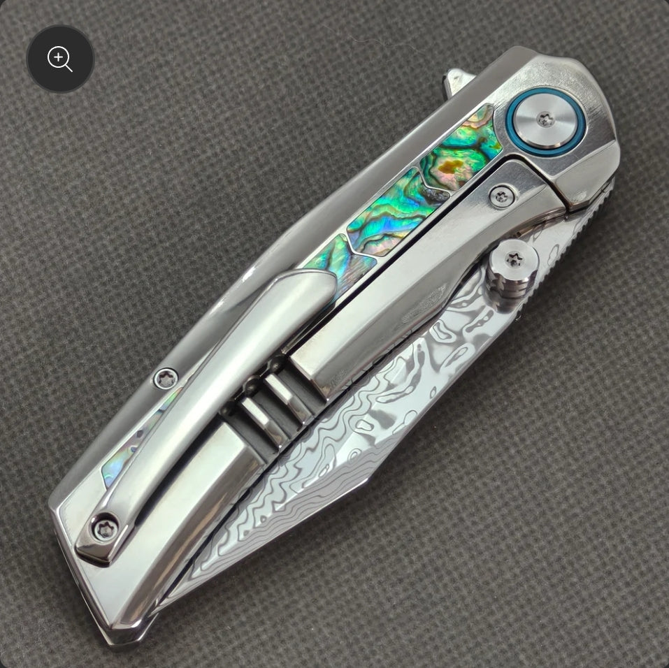 VORIXN "Ocean Mirage" Flipper & Thumb Stud Knife Deep-sea Abalone Shell Inlay Titanium Handle (3.7" Damascus Blade) KB108