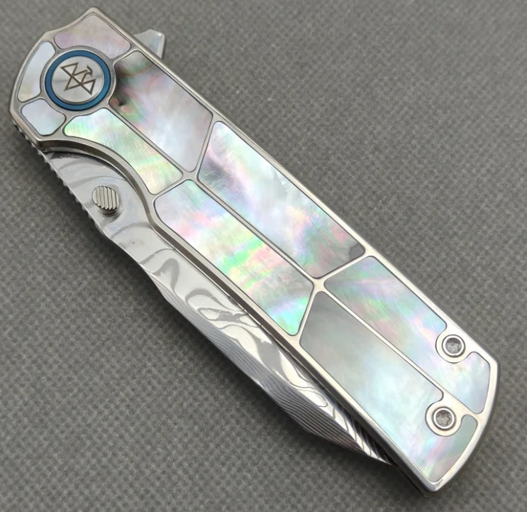 VORIXN "Ocean Mirage" Flipper & Thumb Stud Knife Black Mother-of-pearl Inlaid Titanium Handle (3.4" Damascus Blade) KB059