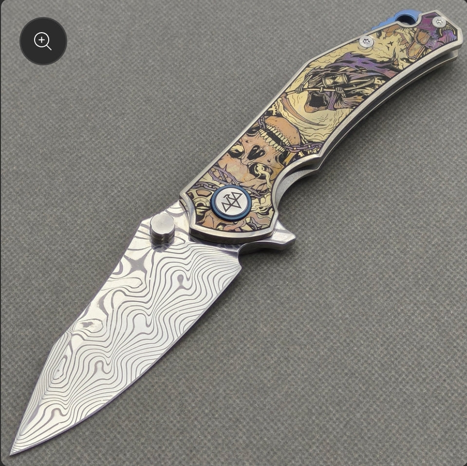 VORIXN "Requiem" (3.5" Damascus Blade) Engraved Titanium Handle Flipper & Thumb Stud Folding Knife - KB114