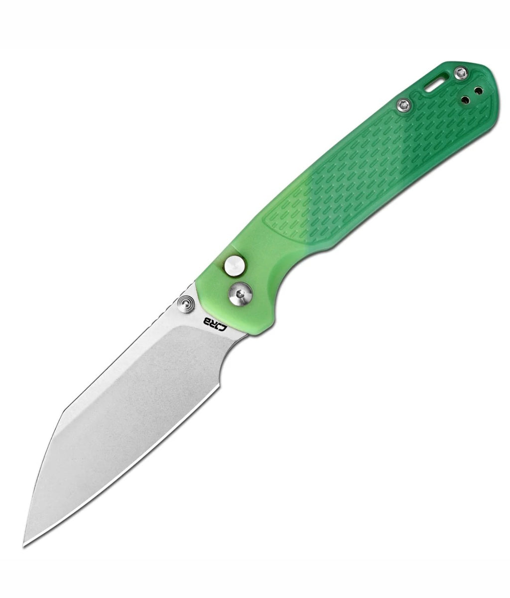 CJRB Pyrite-Light Thumb Stud & Button Lock EDC Knife, Thermochromic FRN Handle (Dark Green to Light Green or Brown to Red), 3.34'' AR-RPM9 Stonewashed Blade