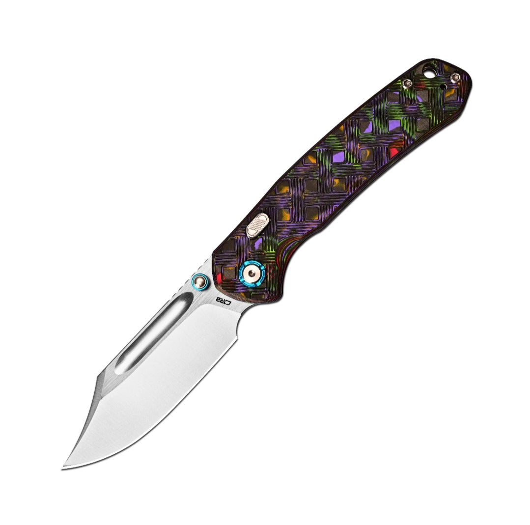 TK Exclusive – CJRB BOWIE PYRITE-CFBK FOLDING KNIFE – Top Liner Lock – Custom TK UV Reactive Carbon Fiber w/ 14C28N and Ti Clip