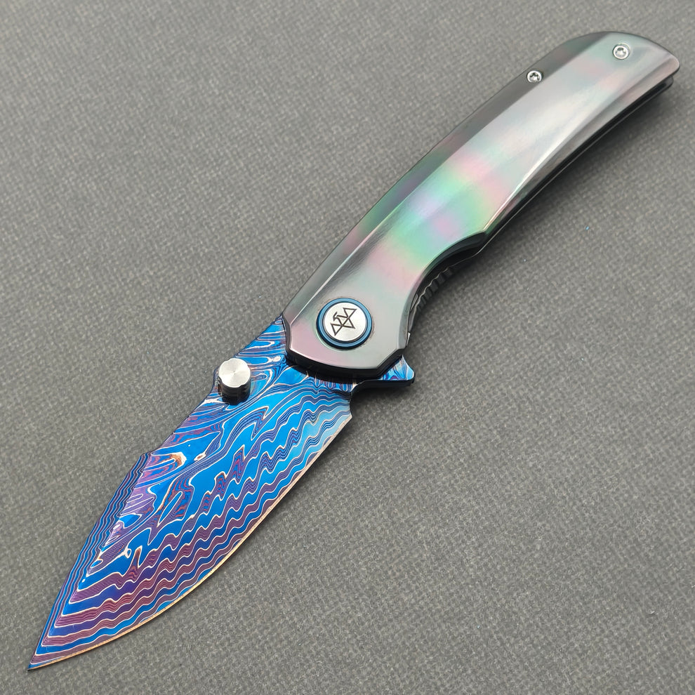 VORIXN "Spectra" (3.7" Damascus Blade) Zirconium Handle Flipper & Thumb Stud Folding Knife - KB127