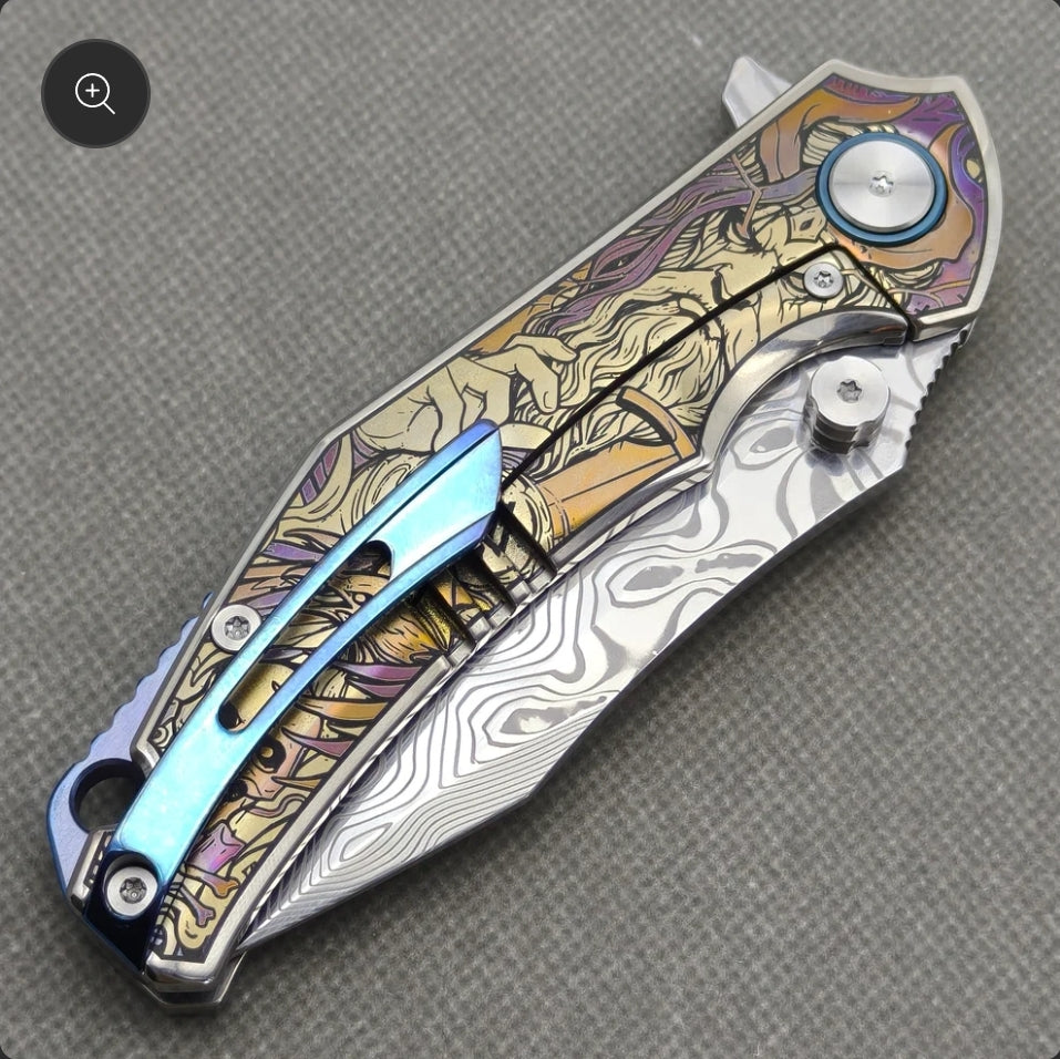 VORIXN "Requiem" (3.5" Damascus Blade) Engraved Titanium Handle Flipper & Thumb Stud Folding Knife - KB114