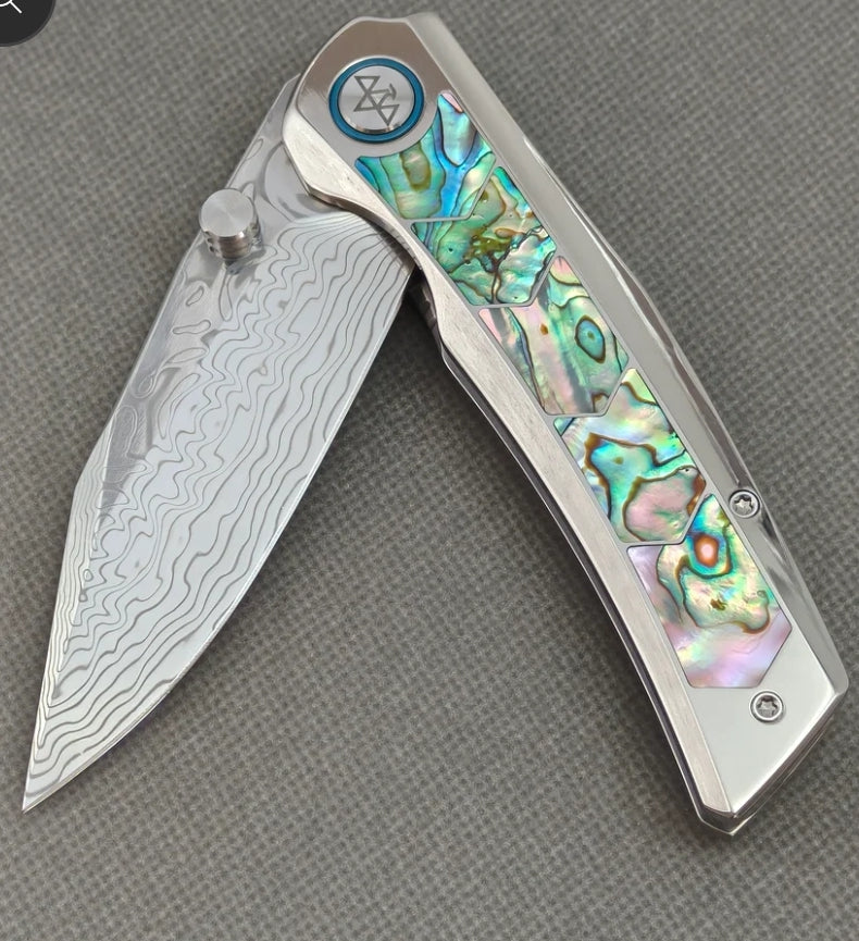 VORIXN "Ocean Mirage" Flipper & Thumb Stud Knife Deep-sea Abalone Shell Inlay Titanium Handle (3.7" Damascus Blade) KB108