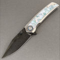VORIXN "Ocean Mirage" Flipper & Thumb Stud Knife White Mother-of-pearl Inlaid Titanium Handle (3.8" Damascus Blade, DLC Coated) KB104