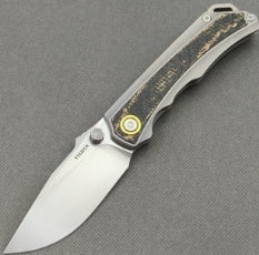 Vorixn RIHE Design Folding Knife Titanium+Gold Flake Carbon Fiber Inlay Handle (3.6" M390 Blade) KB107