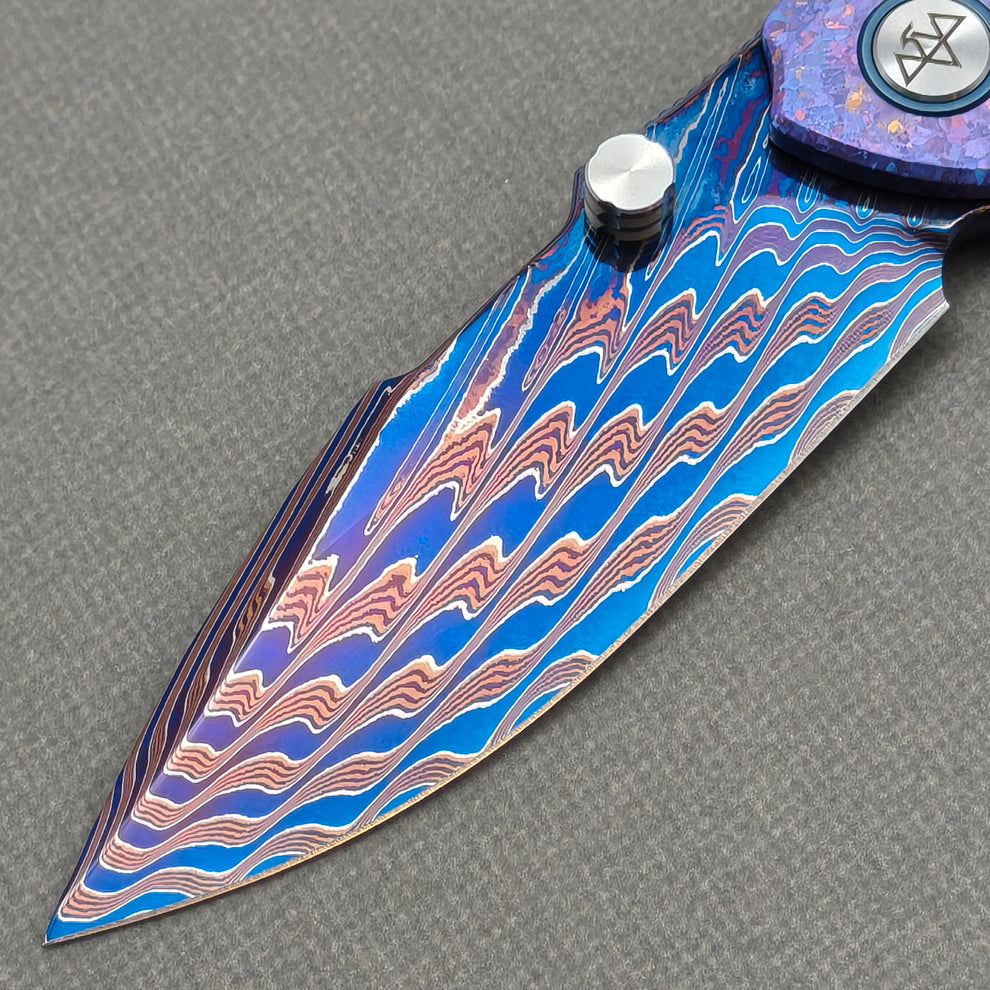VORIXN "Rimeforge" (3.8" Damascus Blade) Crystallized Titanium Handle Flipper & Thumb Stud Folding Knife - KB125