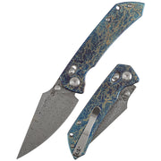 Kansept Fenrir | Crossbar Lock | Titanium with Lightning Strike Finish | 3.48" Acid Etched Damascus Blade | Sparrow Knife Design | K1034V10