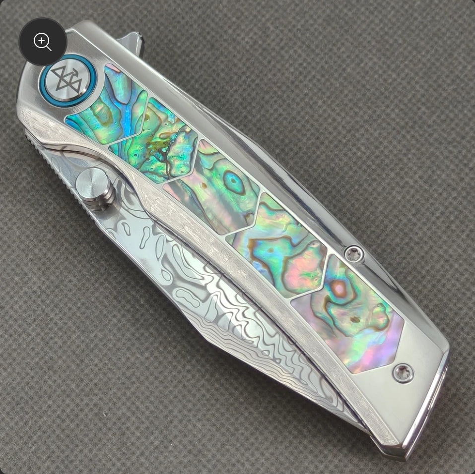 VORIXN "Ocean Mirage" Flipper & Thumb Stud Knife Deep-sea Abalone Shell Inlay Titanium Handle (3.7" Damascus Blade) KB108