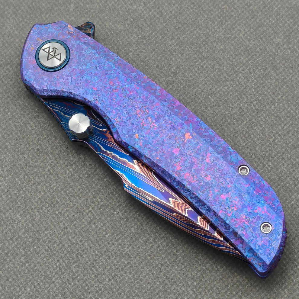 VORIXN "Rimeforge" (3.8" Damascus Blade) Crystallized Titanium Handle Flipper & Thumb Stud Folding Knife - KB125