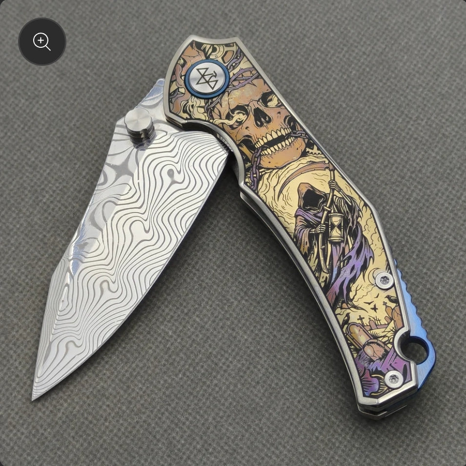 VORIXN "Requiem" (3.5" Damascus Blade) Engraved Titanium Handle Flipper & Thumb Stud Folding Knife - KB114
