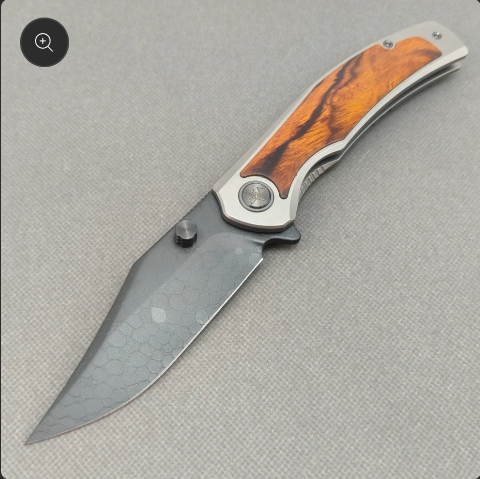 Vorixn "Ironwood Crest" Flipper & Thumb Stud Knife Titanium & Ironwood Handle (3.9" Damascus Blade) KB075