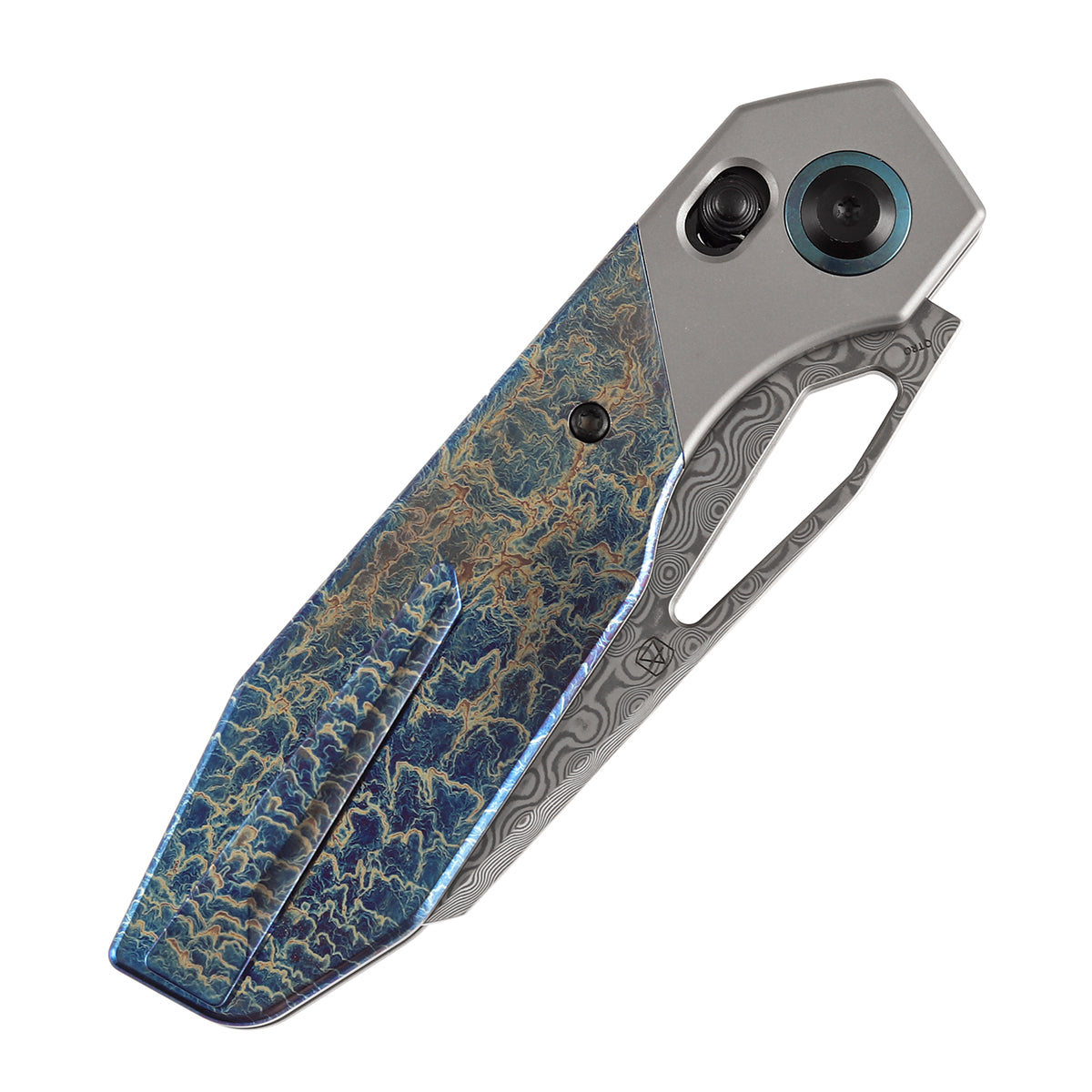 Kansept QTRO | Crossbar Lock | Stonewashed Titanium & Lightning Strike Finish Ti Inlay | 3.59" Damascus Blade | Luft Concepts Designed |K1118VA2