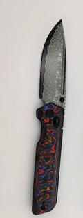 Critical Strike X504-TM-PRCF – 3.39" Damascus VG10 Crossbar Lock Knife Purple/Red/Orange Carbon Fiber Exclusive