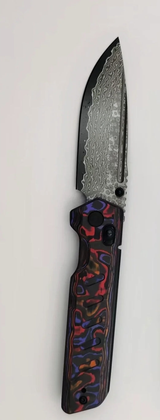 Critical Strike X504-TM-PRCF – 3.39" Damascus VG10 Crossbar Lock Knife Purple/Red/Orange Carbon Fiber Exclusive