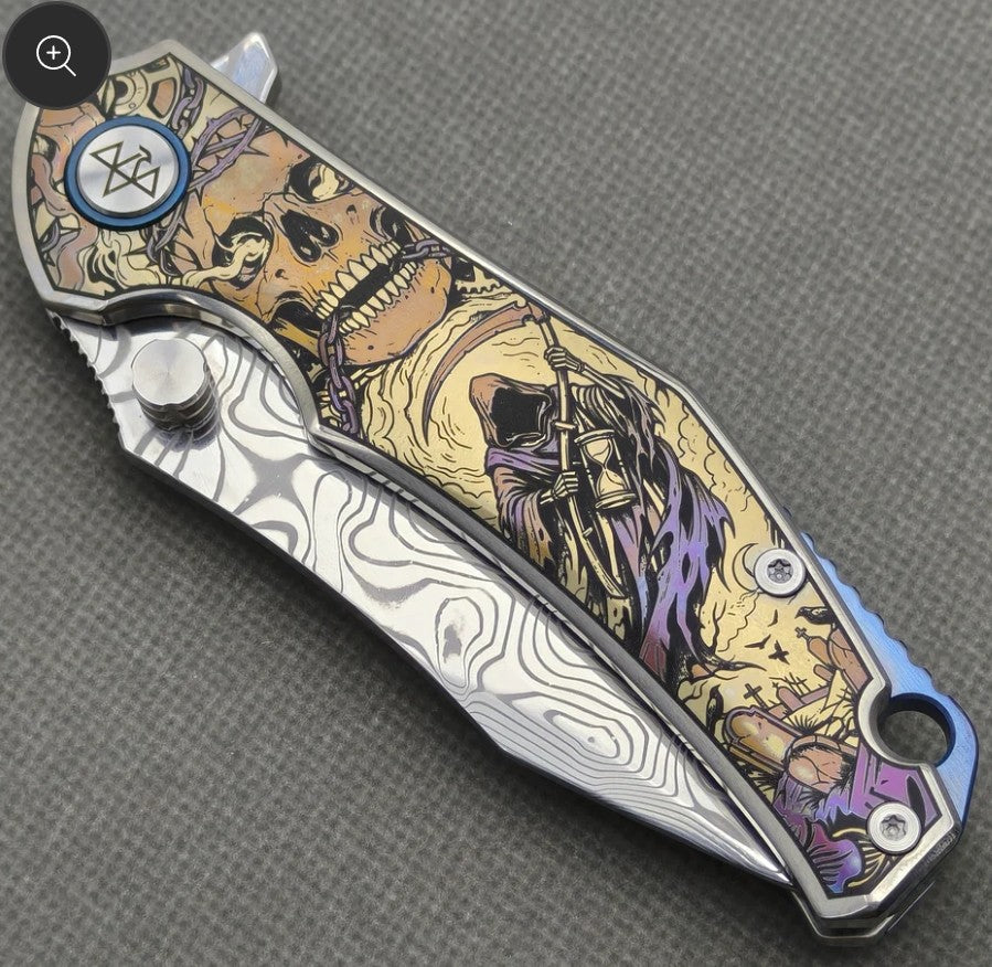 VORIXN "Requiem" (3.5" Damascus Blade) Engraved Titanium Handle Flipper & Thumb Stud Folding Knife - KB114