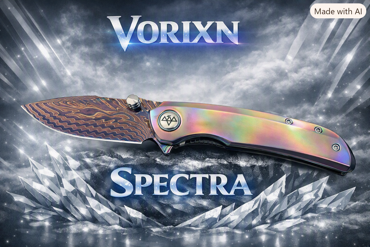 VORIXN "Spectra" (3.7" Damascus Blade) Zirconium Handle Flipper & Thumb Stud Folding Knife - KB127