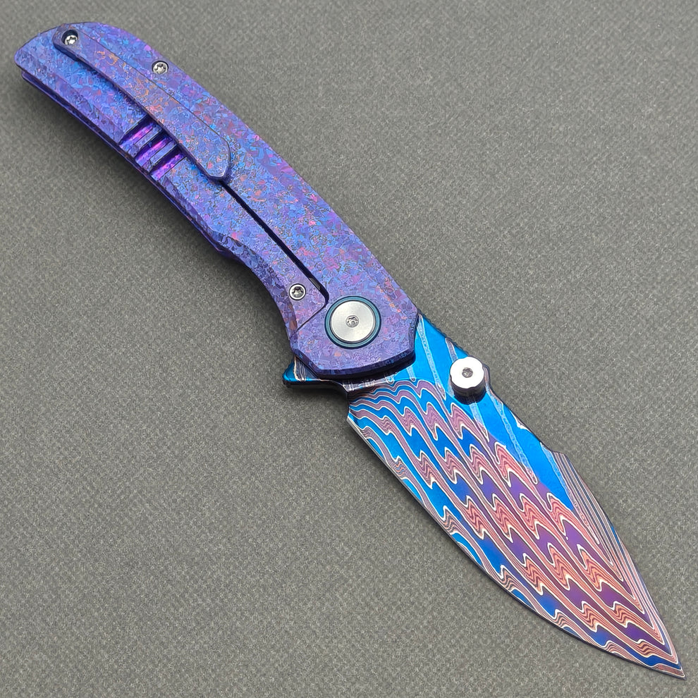 VORIXN "Rimeforge" (3.8" Damascus Blade) Crystallized Titanium Handle Flipper & Thumb Stud Folding Knife - KB125