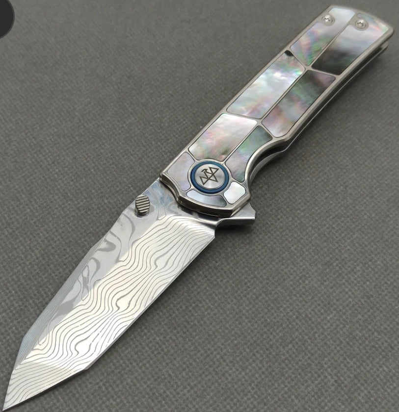 VORIXN "Ocean Mirage" Flipper & Thumb Stud Knife Black Mother-of-pearl Inlaid Titanium Handle (3.4" Damascus Blade) KB059