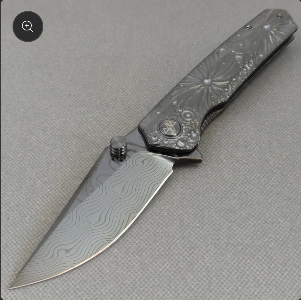 Vorixn “Impact Origin” Flipper & Thumb Stud Knife Titanium-Engraved Anodized Handle (3.6" Damascus steel Blade) KB098