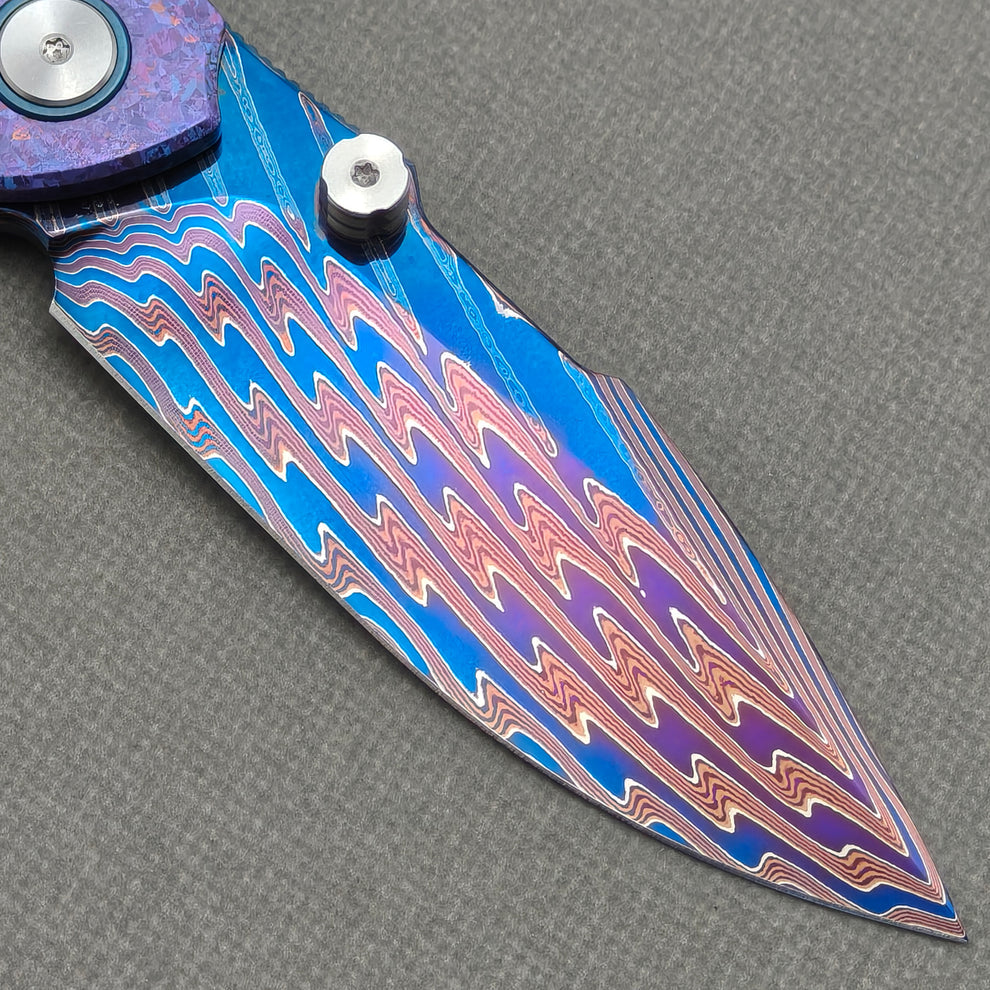 VORIXN "Rimeforge" (3.8" Damascus Blade) Crystallized Titanium Handle Flipper & Thumb Stud Folding Knife - KB125