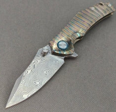 Vorixn "Titan Flame" Flipper & Thumb Stud Knife Hand Flame Titanium Handle (3.6" Damascus steel Blade) KB029
